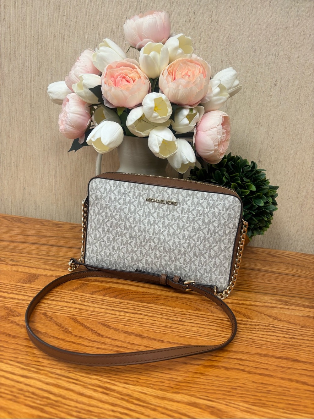 Michael Kors White and Brown Signature MK Crossbody Bag